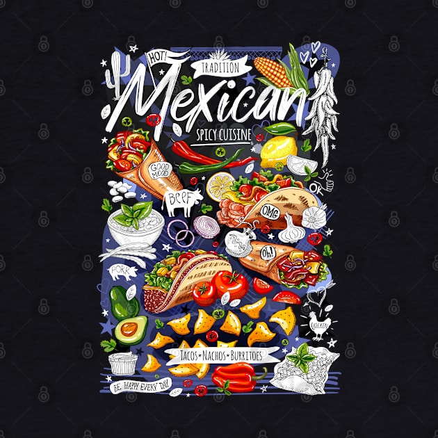 Food poster, food, Mexican, nachos, burritos, tacos, snack. by Iraida Bearlala